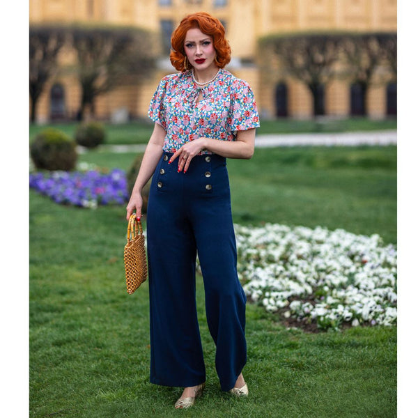 WIDE LEG PANTS WITH ROPE BELT - Navy blue
