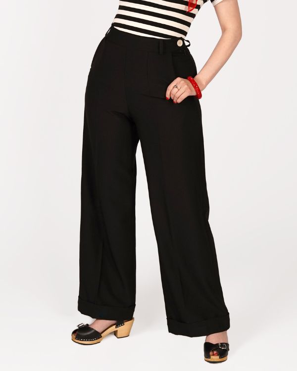 Vintage Style High Waist Wide Leg Trousers with Cuffed Hem in Black