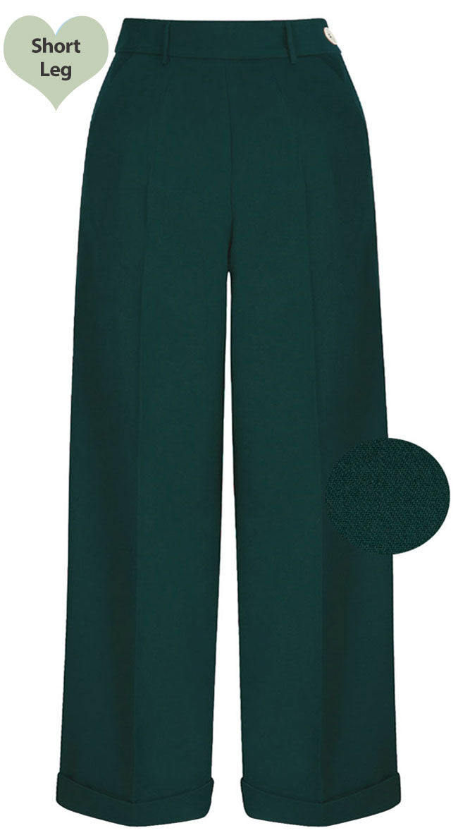 Green High Waisted Wide Leg Trousers in Short Length- 1930s & 40s style | Weekend Doll