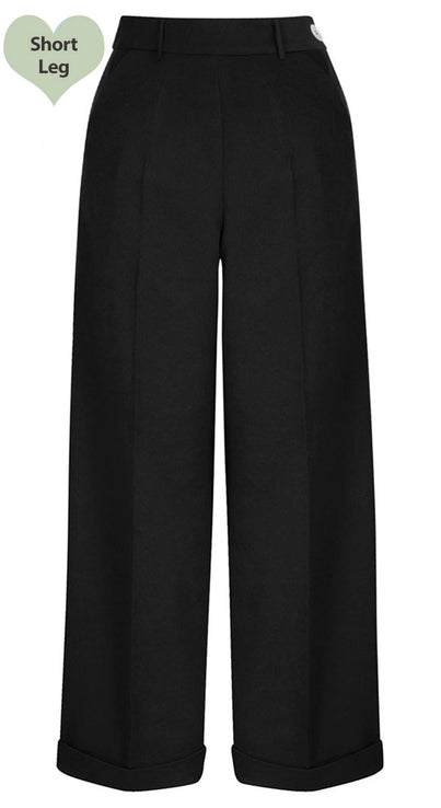 Short 1930s and 40s Classic High Waist Wide Leg Trousers in Black