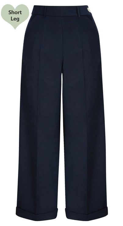 Short 1930s and 40s Classic High Waist Wide Leg Trousers in Navy