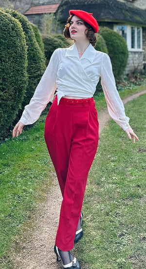 Red High Waist Tapered Ankle-Length Trousers with Press Creases | 1940s and 50s Style  | Weekend Doll 