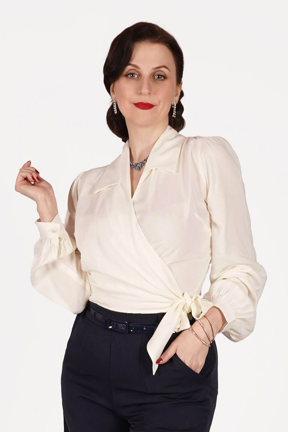 Vintage Inspired Rayon Long Sleeve Grace Wrap Blouse In Ivory | 1940s and 50s Style | Weekend Doll 