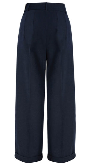 Long Tall 1930s and 40s Classic High Waist Wide Leg Trousers in Navy