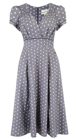 Ava Satin Grey Polka Dot Dress | 1940s & 50s Style | Weekend Doll 