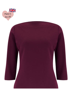 50s Style Quarter Sleeves Janet Slash Neck Top In Burgundy  | Retro Pin Up Style | Weekend Doll 