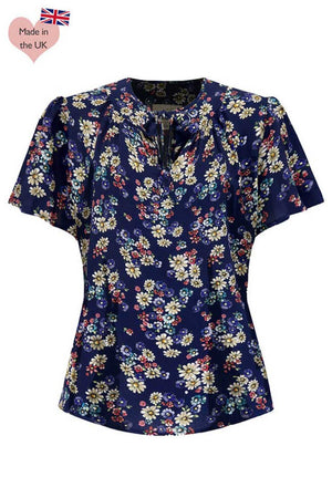 Vintage-inspired tie-neck, short, flared sleeve blouse in navy floral | 1930s and 40s Style | Weekend Doll 