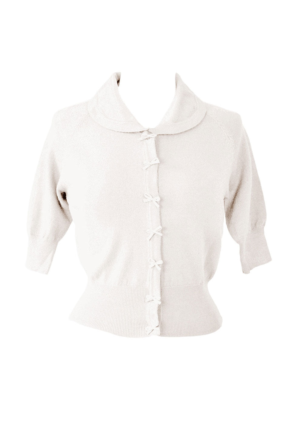 Cropped quarter length off white cardigan with bow details -1950s style | Weekend Doll