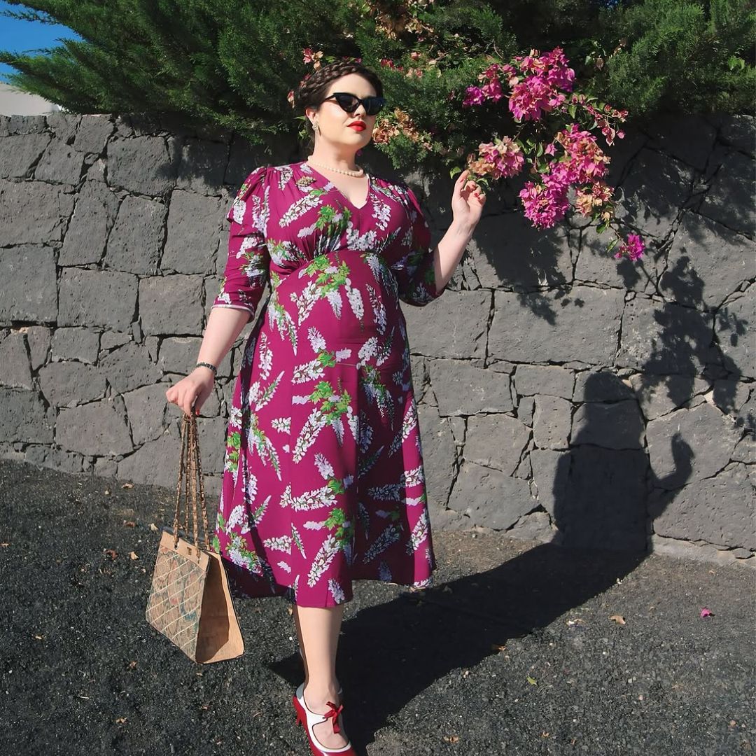 Burgundy Vintage 1940s Style Floral Tea Dress Weekend Doll 