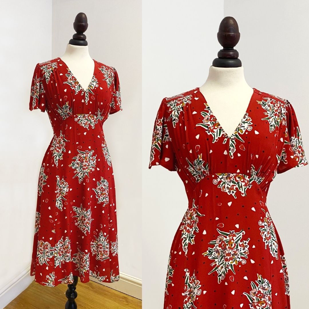 Vintage Inspired Tea Dress in Red Floral Print | 1930s & 1940s Style | Weekend Doll 