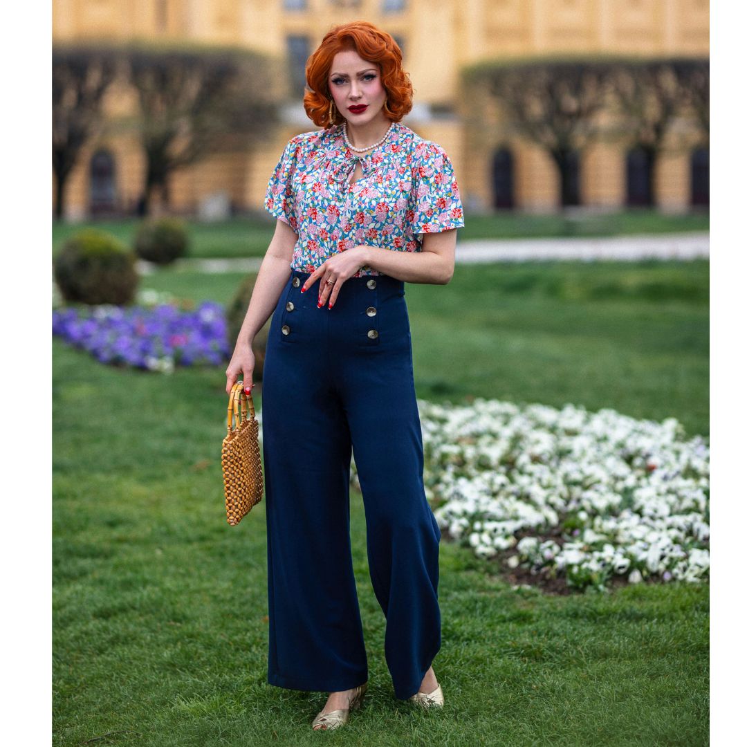Navy Button Front Wide Leg Trousers 