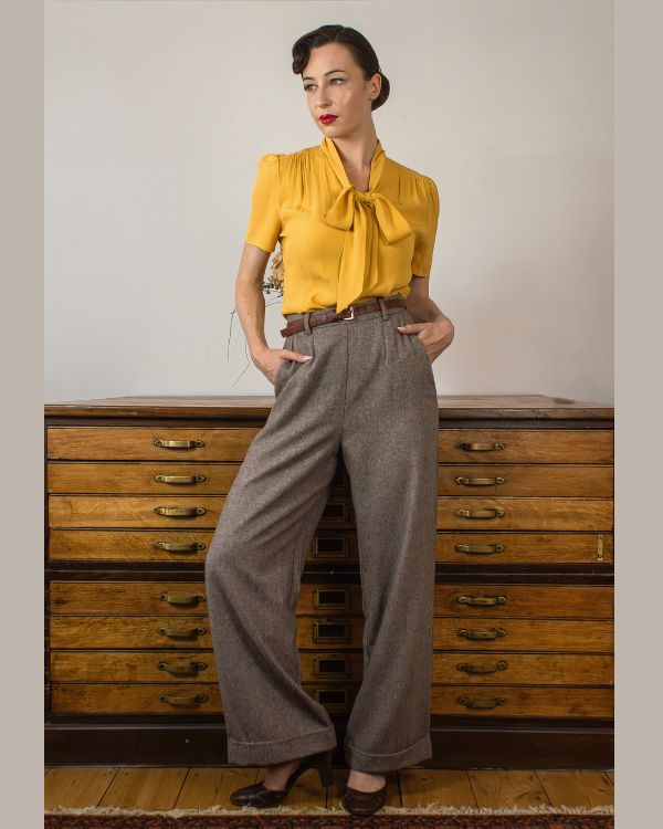 1940s Pussy Bow Blouse and Herringbone Wide Leg Trousers