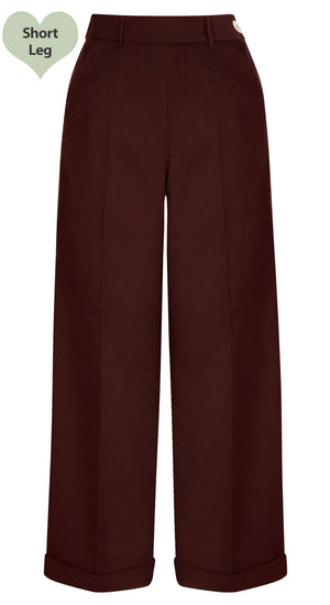 Short 1930s and 40s Classic High Waist Wide Leg Trousers in Brown