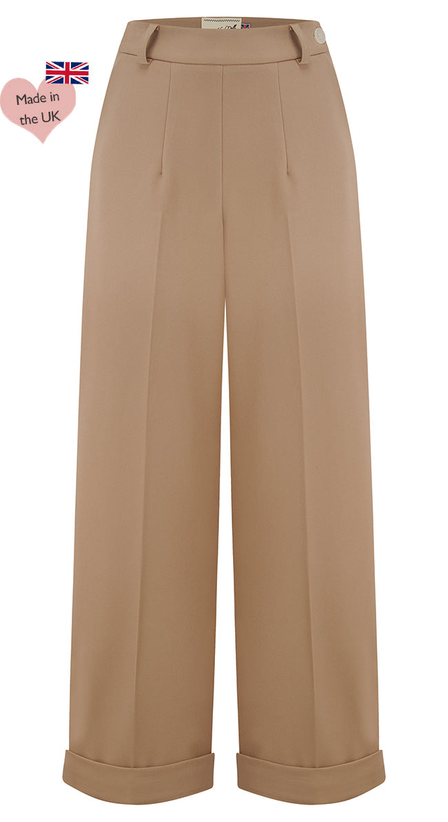 Tan High Waisted Wide Leg Trousers - 1930s & 40s style | Weekend Doll