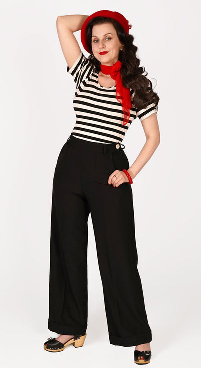 Short 1930s and 40s Classic High Waist Wide Leg Trousers in Black