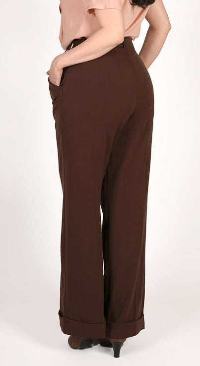 Short 1930s and 40s Classic High Waist Wide Leg Trousers in Brown