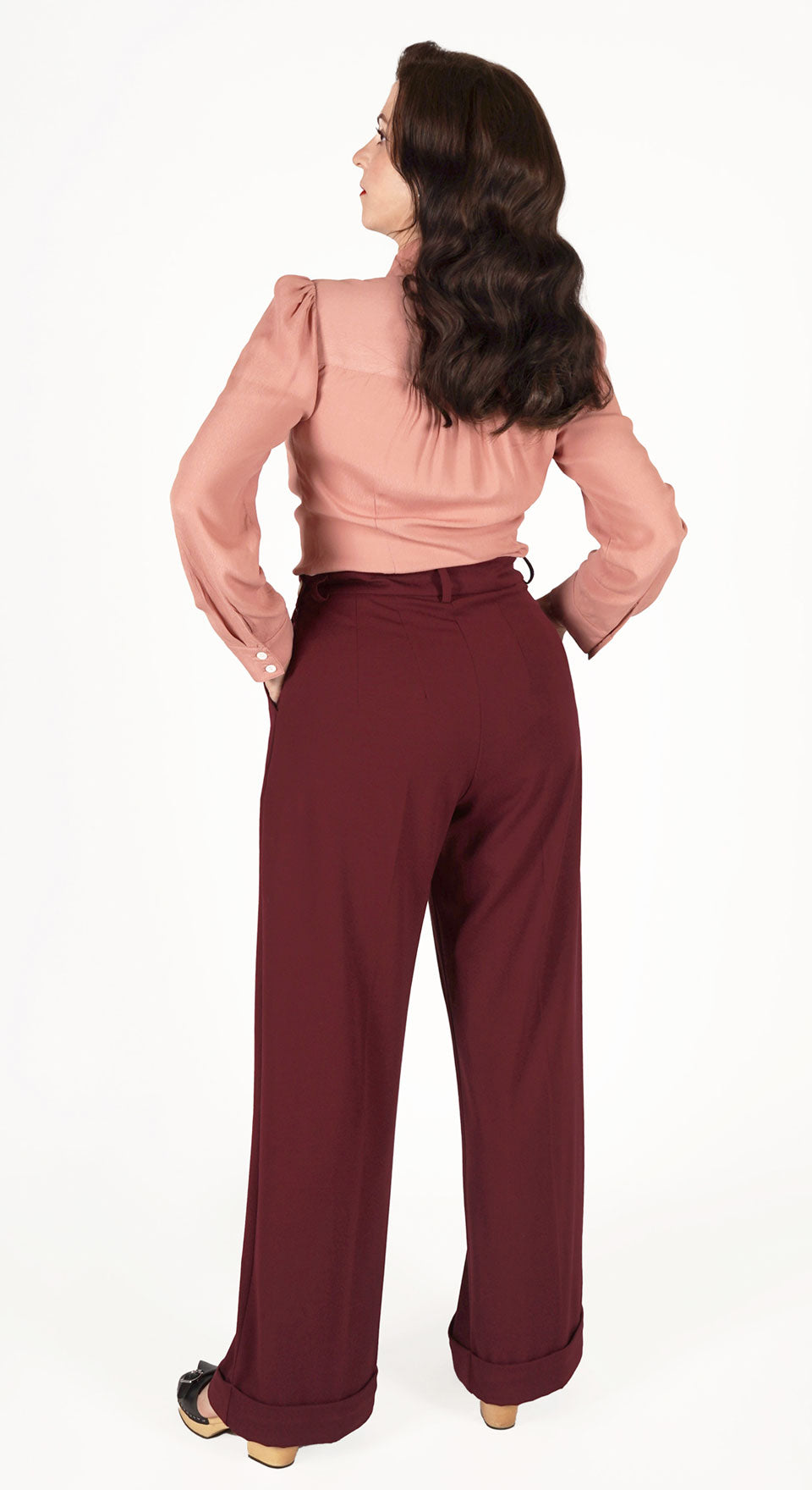 Long Tall Burgundy High Waisted Wide Leg Trousers - 1930s & 40s style | Weekend Doll