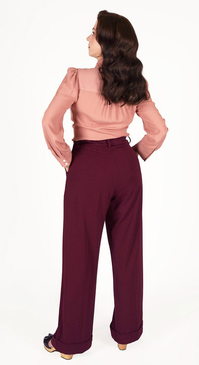 Vintage Inspired High Waisted Wide Leg Trousers in Burgundy- 1930s & 40s style | Weekend Doll