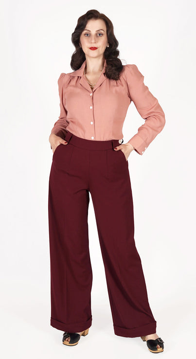 Short 1930s and 40s Classic High Waist Wide Leg Trousers in Burgundy