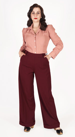 Long Tall Burgundy High Waisted Wide Leg Trousers - 1930s & 40s style | Weekend Doll