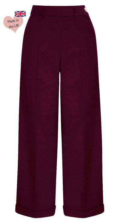 1930s and 40s Classic High Waist Wide Leg Trousers in Burgundy
