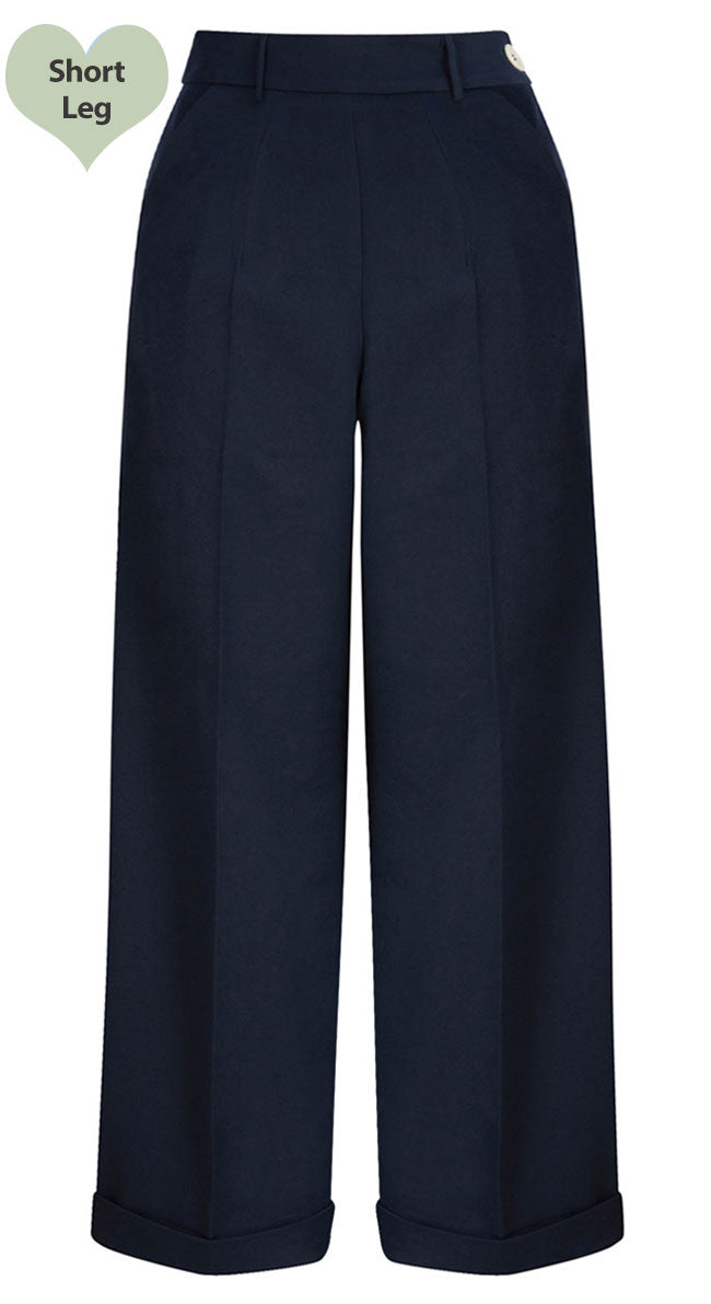 Short 1930s and 40s Classic High Waist Wide Leg Trousers in Navy