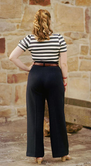 Short 1930s and 40s Classic High Waist Wide Leg Trousers in Navy