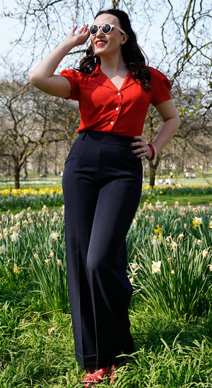 Short 1930s and 40s Classic High Waist Wide Leg Trousers in Navy