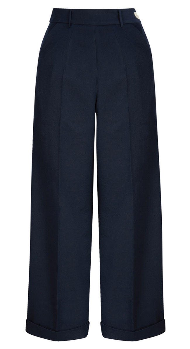 Short 1930s and 40s Classic High Waist Wide Leg Trousers in Navy