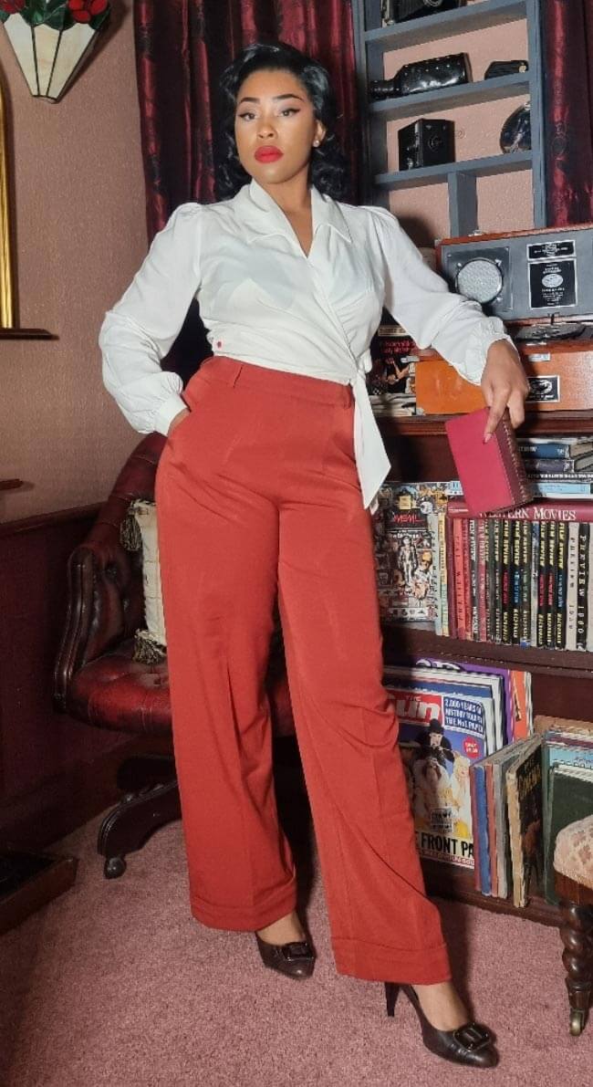 Vintage Inspired High Waisted Wide Leg Trousers in Rust - 1930s & 40s style