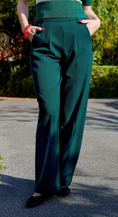 Vintage Inspired High Waisted Wide Leg Trousers in Bottle Green - 1930s & 40s style | Weekend Doll