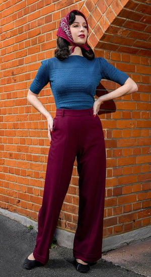 Vintage Inspired High Waisted Wide Leg Trousers in Burgundy- 1930s & 40s style | Weekend Doll