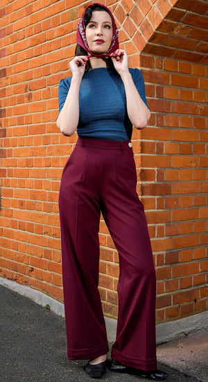 Vintage Inspired High Waisted Wide Leg Trousers in Burgundy- 1930s & 40s style | Weekend Doll