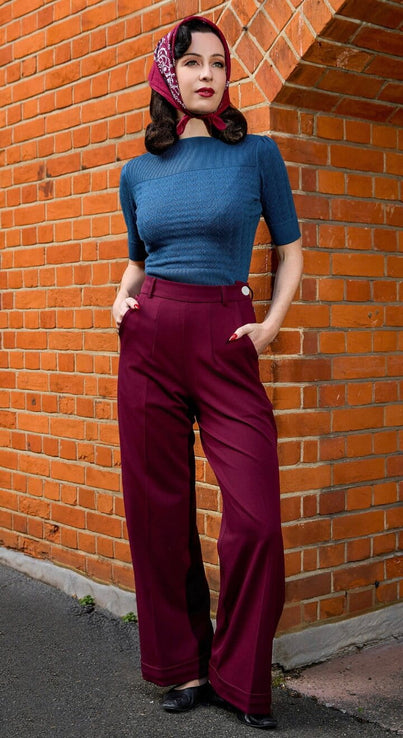 Vintage Inspired High Waisted Wide Leg Trousers in Burgundy- 1930s & 40s style | Weekend Doll