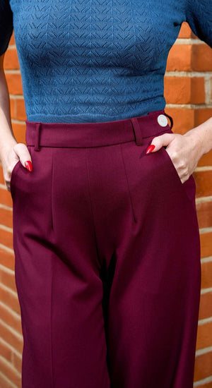Vintage Inspired High Waisted Wide Leg Trousers in Burgundy- 1930s & 40s style | Weekend Doll