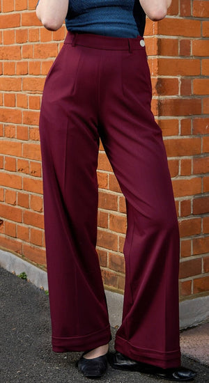 Vintage Inspired High Waisted Wide Leg Trousers in Burgundy- 1930s & 40s style | Weekend Doll