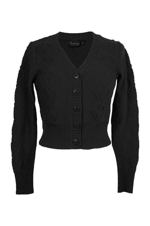 Black Vintage Style Long Sleeve V neck Cable Cotton Cardigan | Weekend Doll