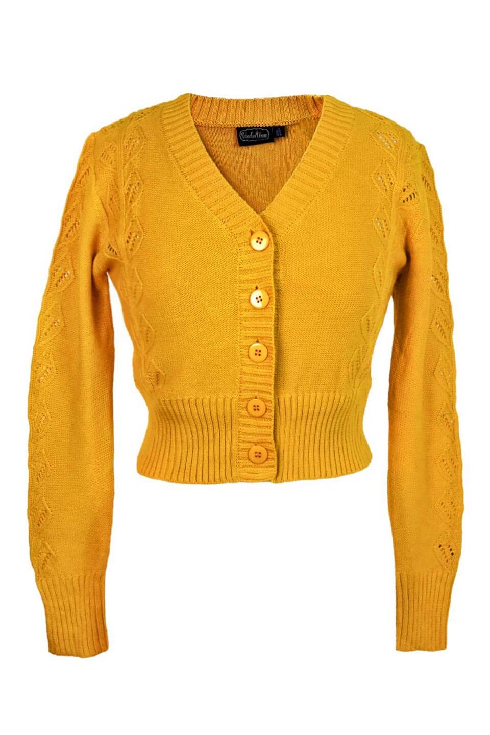 Mustard Vintage Style Long Sleeve V neck Cable Cotton Cardigan | Weekend Doll