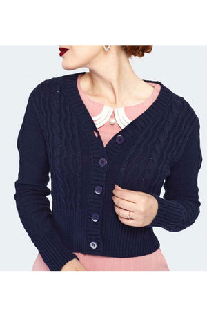 Navy Vintage Style Long Sleeve V neck Cable Cotton Cardigan | Weekend Doll