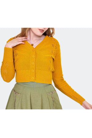 40s Style Cotton Leaf Cardigan In Mustard