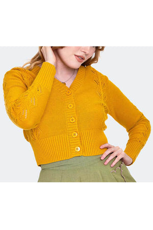 40s Style Cotton Leaf Cardigan In Mustard