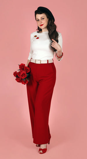Red Crepe High Waisted Wide Leg Trousers - 1940s Katherine Hepburn style | Weekend Doll