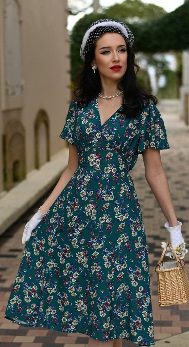 Vintage Inspired Teal Ditsy Floral Print Knee Length Tea Dress | 1930s & 1940s Style