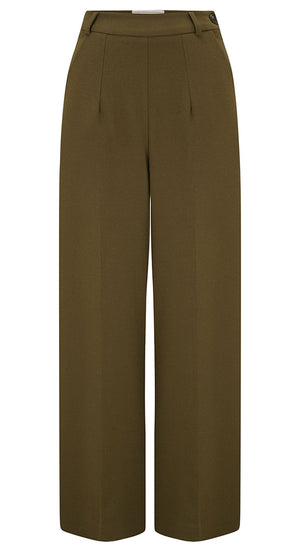 Khaki Crepe High Waisted Wide Leg Trousers - 1940s Katherine Hepburn style | Weekend Doll