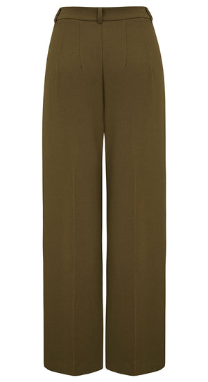 Khaki Crepe High Waisted Wide Leg Trousers - 1940s Katherine Hepburn style | Weekend Doll