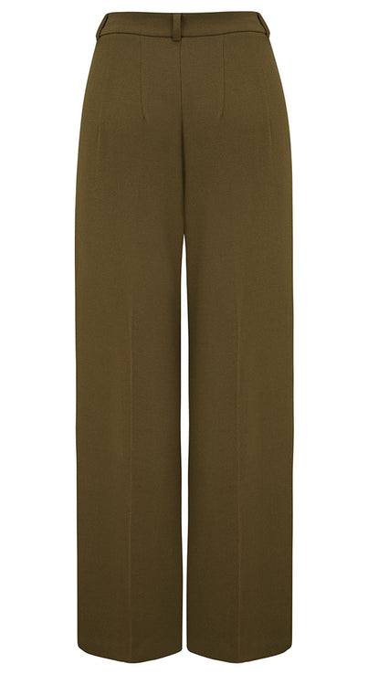 Khaki Crepe High Waisted Wide Leg Trousers - 1940s Katherine Hepburn style | Weekend Doll