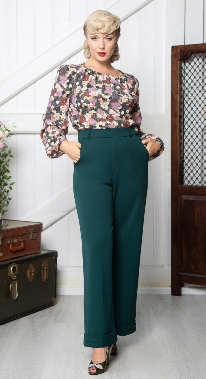 Short Green High Waisted Wide Leg Trousers in Short Length- 1930s & 40s style | Weekend Doll