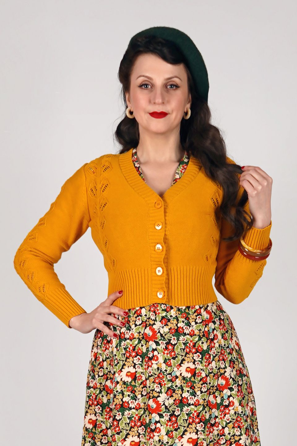 Mustard Vintage Style Long Sleeve V neck Cable Cotton Cardigan | Weekend Doll