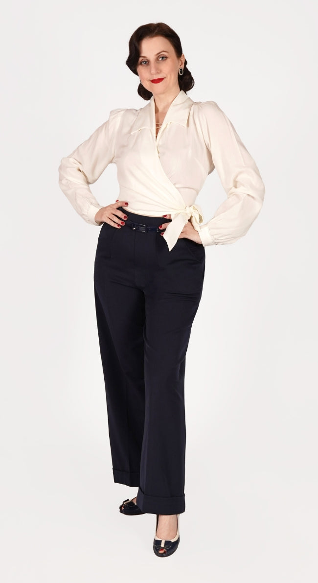 Navy High Waisted Wide Leg Trousers - 1930s & 40s style | Weekend Doll