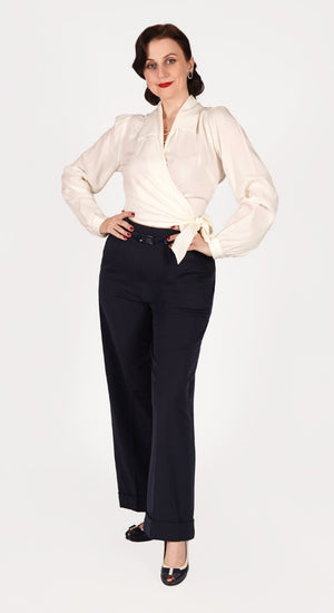 Navy High Waisted Wide Leg Trousers - 1930s & 40s style | Weekend Doll
